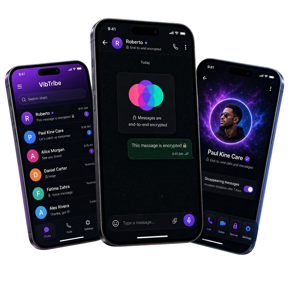 VibTribe encrypted messaging app shown on three smartphones — chat list, end-to-end encrypted conversation, and contact profile
